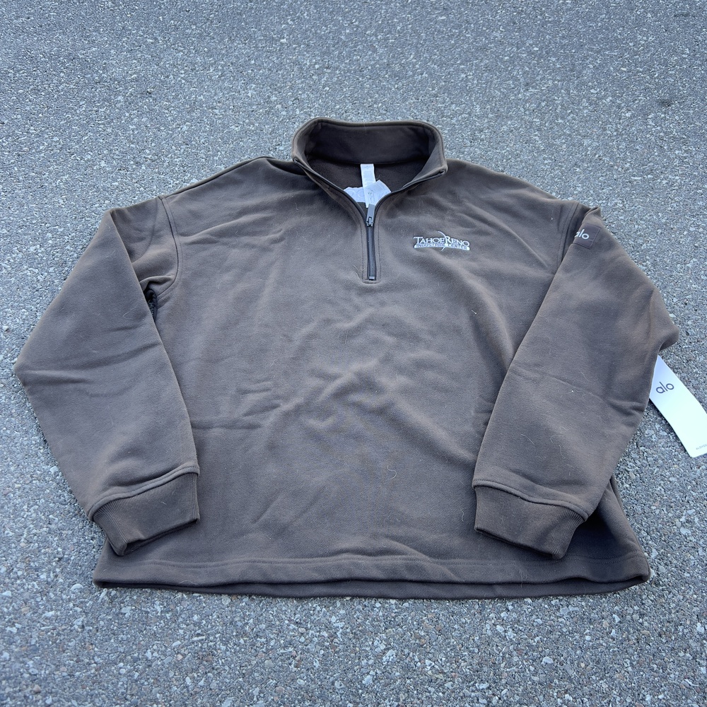 Alo Sweatshirt Mens Medium Brown Fleece Quarter Zip Tahoe Reno Logo Pullover New